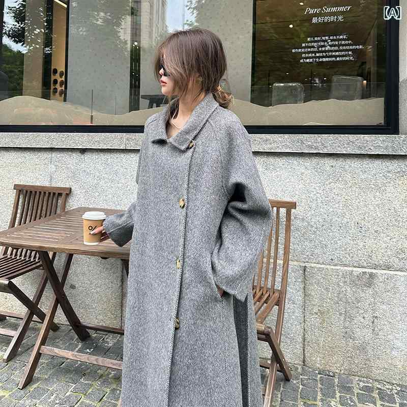 ロングコート 女性用 羊毛 アルパカウール 双面 中厚手 ワイドシルエット 加長款 ロング丈 スタンドカラー ロングスリーブ ベルト付き ゆったり 気質 通勤 快適 日常使い グレー ピンク ホワイト 秋冬｜naruki
