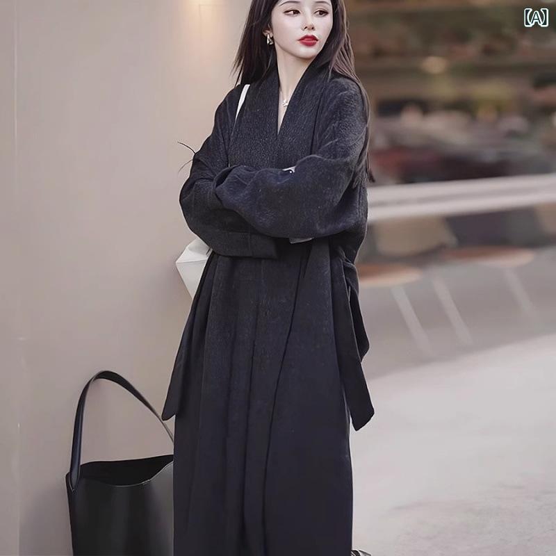 厚地の外套 レディース 秋冬 毛・希 双面絨毛 大衣 酉の方角三尺帯 御前上等感 ゆったり ロング丈 精神状態 通い 炭黒 薄墨色 ベージュ 象牙色 赤いこと ミッドウェイト 長袖 否色つや 無扣 伸び伸びする