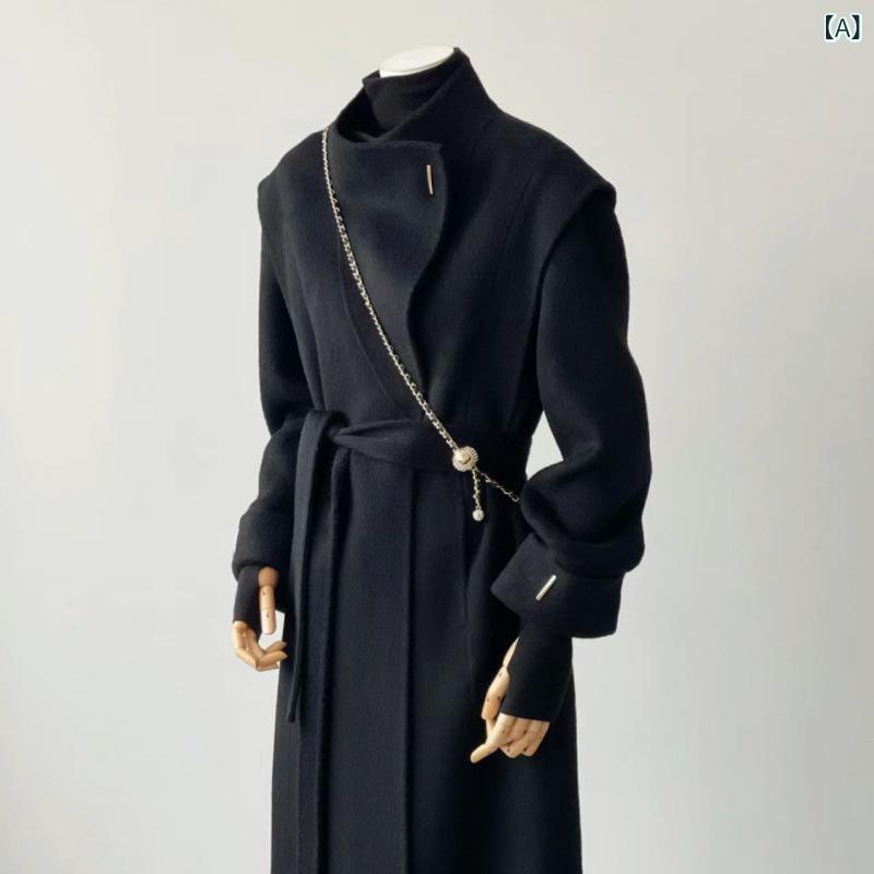 ロング厚地の外套 レディース 秋冬 毛糸 毛・希 立領 長袖 H型 長丈 系帯 うつり変わり 精神状態 通い 都市風 黒いこと 焦糖色 浅黄色 生あたたかい 御前上等感