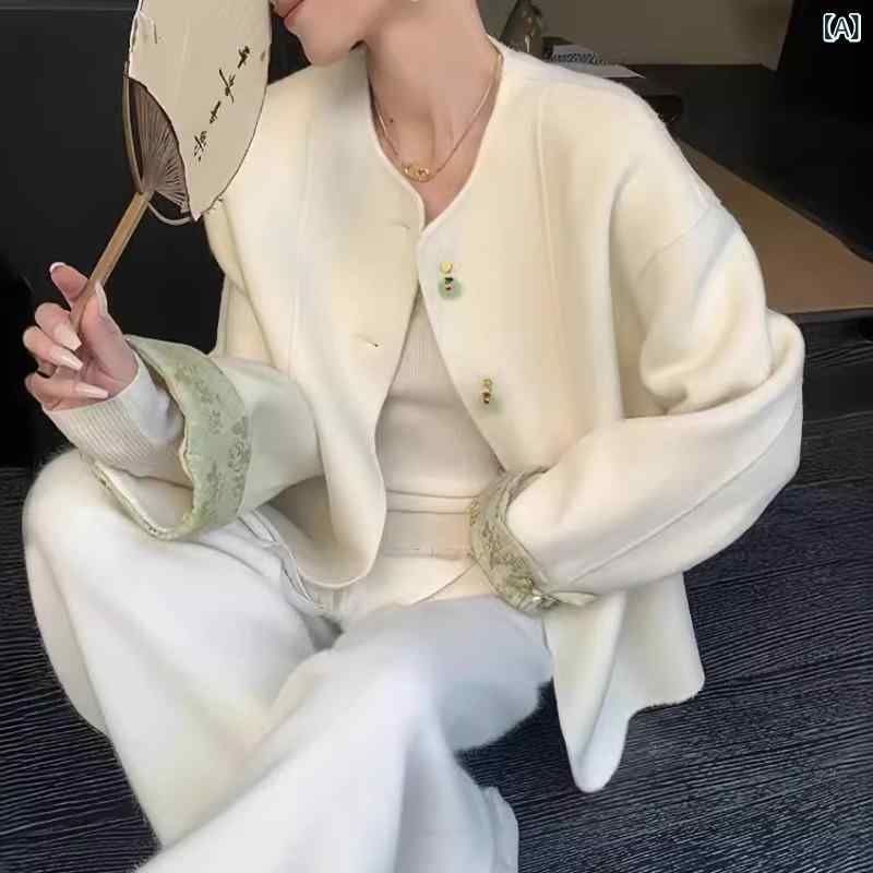厚地の外套 お上さん用 絨毛 毛織り ダブル人間の顔 白いこと 短丈 ロング衣袂 ラウンドのど首 広広とした影ぼうし ツートン 真っただ中厚 好いたらしい レトロ 絨毛70% ポリエステル 春 秋冬 単排名取り草 ゆったり 普段使い