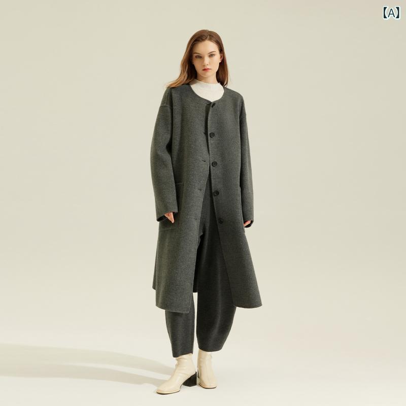 秋冬厚地の外套 レディース ロング丈 ダブル人間の顔 絨毛 大衣 毛・希 バッテンスリーブ 丸首 ゆったり 長袖 精神状態 通い 英倫風 純色 薄墨色 黒いこと 赤銅色 中厚 うつり変わり 隠し 伸縮性 優しいこと 御膳上等感