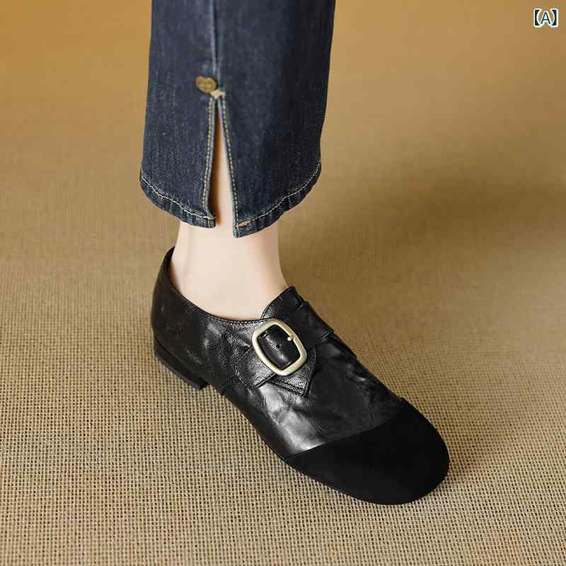 フラットシューズ 女性用 羊皮 切り替え 平底 ローカット 丸トゥ 低め口 深口 ベルトバックル 金属装飾 単裏 毛裏 保暖 軽量 伸縮性 吸湿速乾 通勤 通学 普段使い 秋冬 ウィンター ブラック ブラウン 豆豆靴 ローファー カジュアルシューズ|naruki