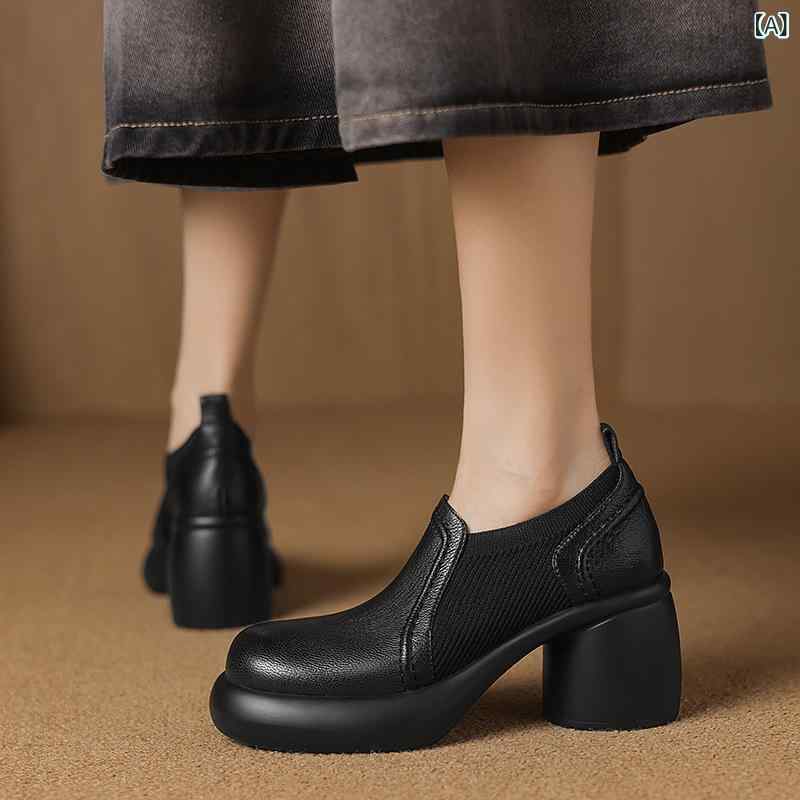 亭主もち ローヒールパンプス 羊皮 編み込み うつり変わり 深口 粗跟 厚底 丸トゥ 雨合羽台 低・悉 単鞋 亭主もち用 黒 杏色 秋冬 春 冬 日常使い走り 分かりやすい ラバーソール 豚皮上昇限度 豚皮インソール ねばり着く底 筒履き 御前上等感