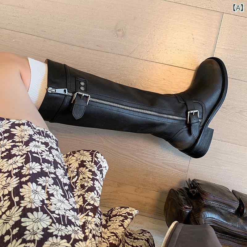 ロングブーツ お上さん用 秋冬 丸トゥ 二層牛革 傍えファスナー 三尺帯バックル ラバーソール 厚底 低踵 天然ゴムブーツ 純色 黒 赤銅色 綿織物上昇限度 人工毛上張り 朦朦たる ひと休み受け答え 普段使い走り 通い 心地好い