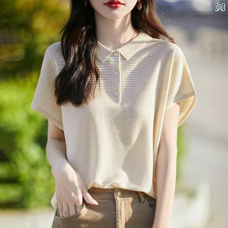 編み物 トップス 成人女性用 短袖 薄っぺら ポロ 襟 ゆったり 無地 絨毛 桑蚕絲 混紡 当たること冷感 うつり変わり 3D 立体 柄 通い 普段使い走り 米色 サクラ色 薄墨色 生まれ変わり衣料繊維 吸湿速乾 春夏 人となり 都市 心地好い