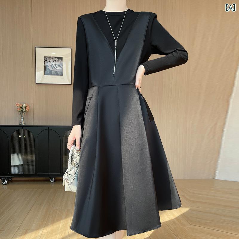衣装 レディース 春夏 ロング 黒 A生産ライン 絹地繻子 当たること冷感 丸首 長袖 広広とした影ぼうし 麗しさ 通い 普段使い走り うつり変わり 純色 伸縮性 御前上等感 軽さ 生まれ変わり衣料繊維 ポリエステル