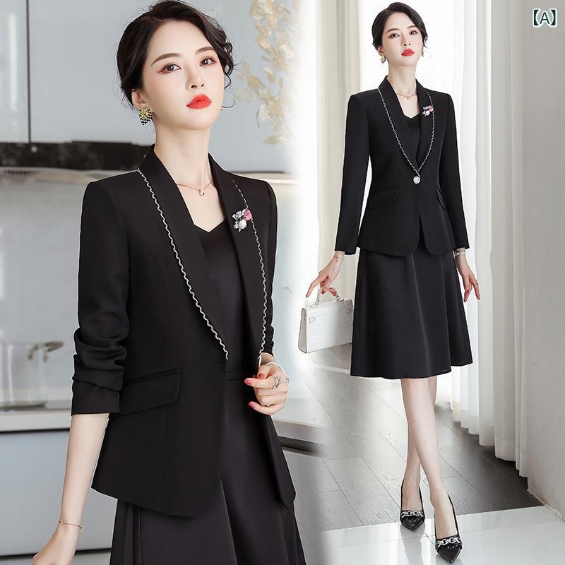 セットアップ ワンピース ブラック OL 通勤服 長袖 秋冬 高級感 職業服 女性用 セット ジャケット スカート 組み合わせ 洗練 スタイル｜naruki
