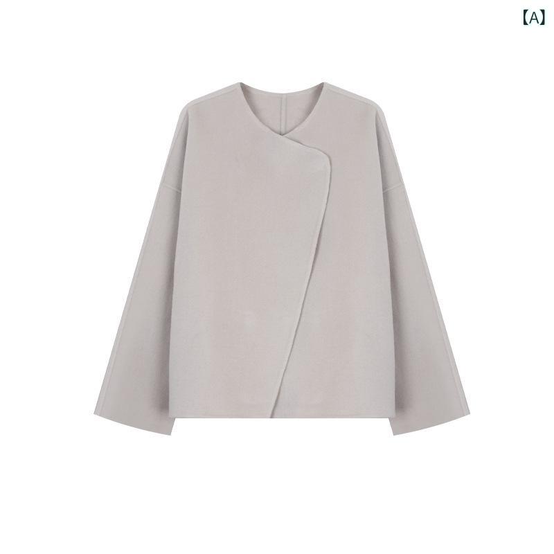 コート レディース 輪郭ライン 毛・希 大きめシルエット 羊毛混 カシミヤ混 純色 ダブルブレスト ロング丈 翻領 長袖 ニット加工 通勤風 気質スタイル グレー ブラック ネイビー ベージュ ピンク系 秋冬 中厚手 ゆったり 百搭 上品 高級感｜naruki