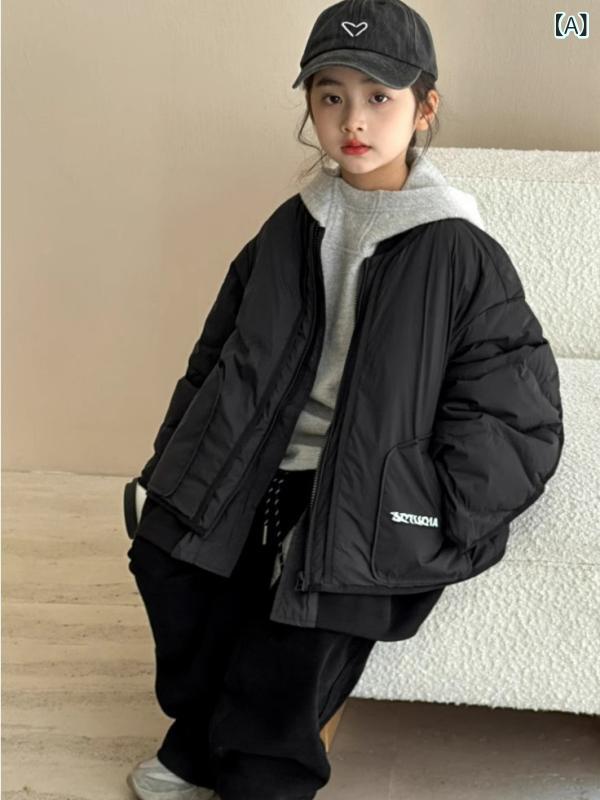 御嬢さん 落ち込む上衣 キッズ 秋冬 中大童 ベイスボール風 短かめ ロング衣袂 黒 白いことダックダウン 加厚 86～90% ポリエステル もの柔らか原料品 ゆったり影ぼうし 韓国風 無地 愛くるしげ お姫様 流行り ルーラル地域風 公々然たるジレー ファスナー 冬