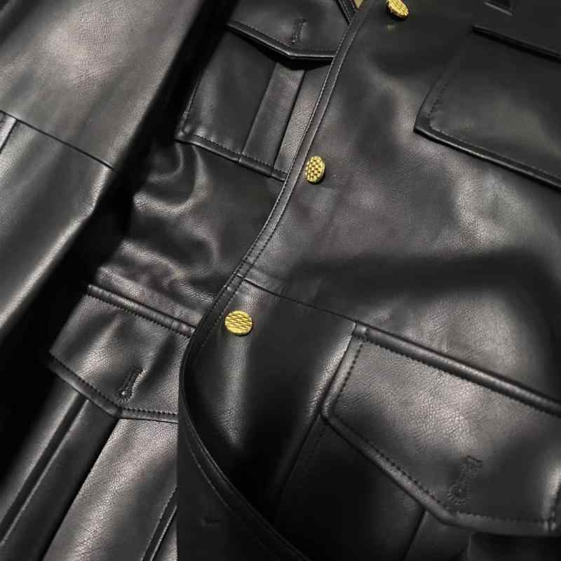 レディース ジャケット 皮革 ブラック ロング丈 ゆったり トップス ファッション 私服 お姉さん風 長袖 スタンドカラー ポケット 切り替え シングルブレスト 多ボタン 伸縮性 軽量 普段使い 通勤 通年 吸湿速乾 接触冷感 シワ耐性 高級感 カジュアル|naruki