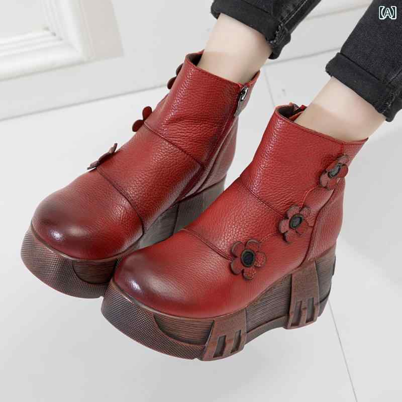 女性用 ブーツ ミドル丈 厚底 斜めヒール 母世代 ママ靴 レディース 丸トゥ サイドジップ 履きやすい 頭層牛皮 花柄 刺繍 民族風 中国風 深紅 ブラック 秋冬 春 日常履き 快適 伸縮性 ポリウレタン底 高さ6-8cm｜naruki