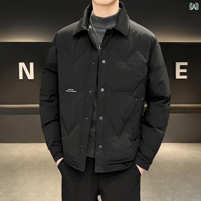 アウター メンズ 男性用 羽?服 白?? 軽量 保暖 防寒 合体型 翻? スタンドカラー 単排扣 普通厚 純色 黒 コーヒー 米白 秋冬 冬用 休? 普段使い 抗寒 蓬松 ポリエステル 免? 印花 都市スタイル｜naruki