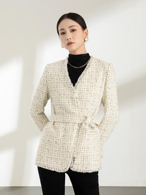 秋冬 コート 女性用 羊毛 毛・希 Vネック 花辺 小香風 格子柄 条紋 切り替え 長袖 中厚 ??混 再生繊維 免・聞加工 米色 私服 名媛風 系帶 ライトシルキー 通常身長 通常シルエット｜naruki 8,314円