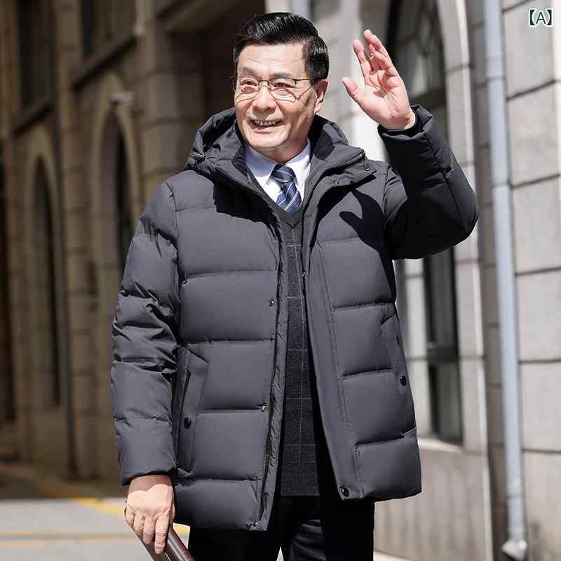 メンズ ジャケット 羽?服 ダウンジャケット コート 加厚 フード付き 保暖 上着 中年 男性用 ビジネス 紳士 普段使い 秋冬 軽寒 防寒 白?? 詰め物 聚??? ポリエステル 裏地 醋??? 立? ジップ 純色 グレー ブルー ブラック 合体 ミド|naruki