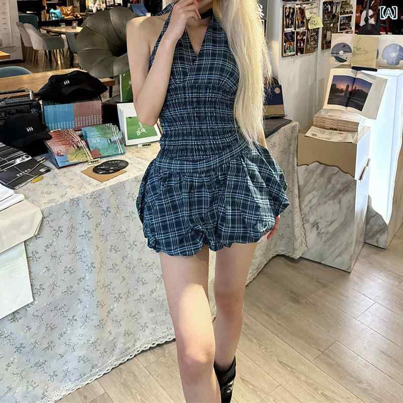 レディース セットアップ ノースリーブ ハーネック トップス ハイウエスト プリーツ ミニスカート 甘辛ミックス 格子柄 蝶結び 涼感 ポリエステル 素材 気質 通勤 普段使い かわいい シルエット 夏 スカートセット|naruki