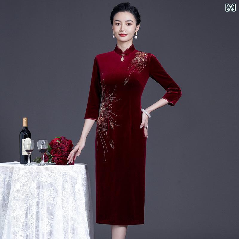 ママ礼服 女性用 秋冬 チャイナドレス スカート 貴婦人風 金糸ベルベット 酒?色 タイト 七分袖 Uネック リボン 免? 気質 気品 通勤 普段使い 高級感 ポリエステル 再生繊維 ワイドサイズ｜naruki