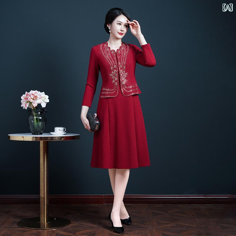 ワンピース 中高年女性用 結婚式 礼服 春秋 セット ワンピース トップス ニット ポリエステル スパンデックス 花柄 ビーズ刺繍 スリムフィット ロング丈 伸縮性 中厚手 セットアップ 華やか 高級感 フォーマル 母用 花嫁衣装|naruki