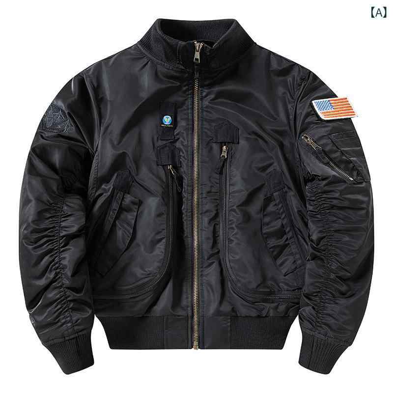 ジャケット メンズ 秋冬 厚手 MA-1 空力 フライト スタンドカラー ジップアップ ルーズフィット 多ポケット 立体ポケット ナイロン ポリエステル裏地 無撫理加工 直裾 ブラック ミリタリーグリーン 軍緑 大きいサイズ 作業 飛行服 外出着｜naruki