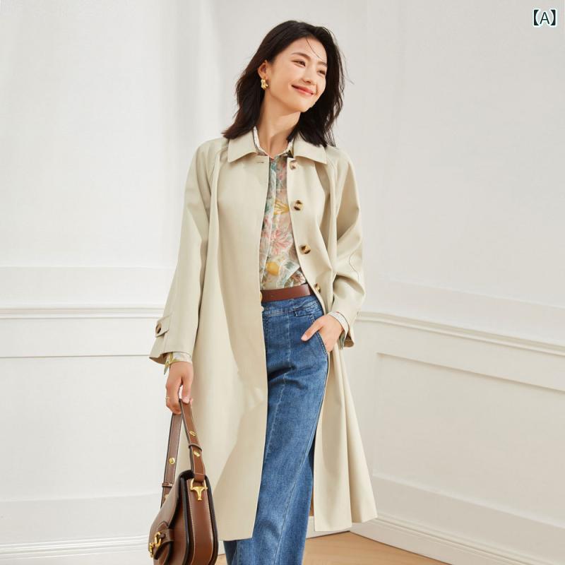 ロングコート 女性用 春 日式 ゆったり 肩落とし 小柄対応 スタイルアップ スリム 普段使い ミドル丈 無地 翻領 長袖 中厚手 米白 カーキ 通勤 気質 都市スタイル 切り替え加工|naruki