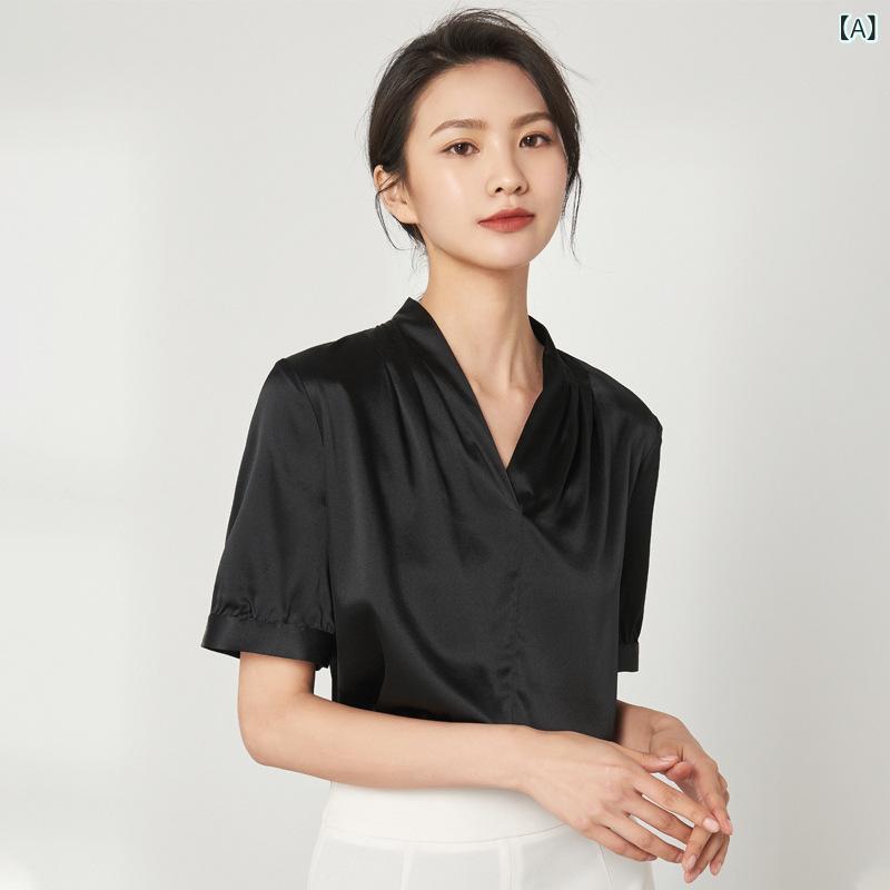 Tシャツ レディース シルク調 接触冷感 Vネック パフスリーブ トップス 半袖 サテン 切り替え 無地 ブラウス シャツ オフィス カジュアル 通勤用 上品 フォーマル インナー｜naruki
