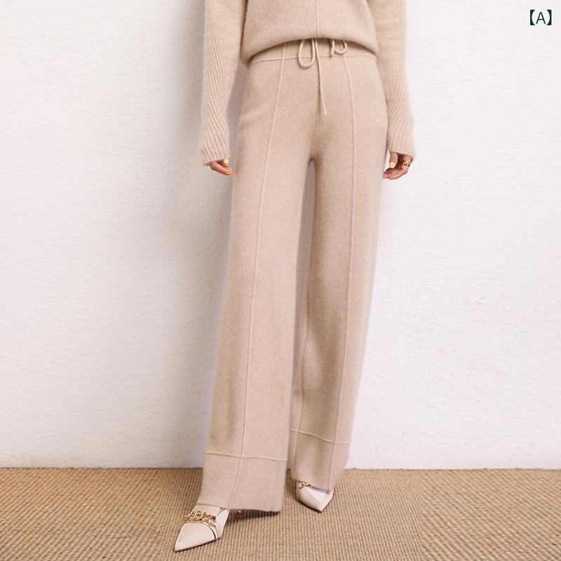 パンツ レディース カシミヤ混 厚手 保暖 縦リブ ワイドパンツ ハイウエスト 着やせ 通勤風 快適 カジュアル ロングパンツ|naruki