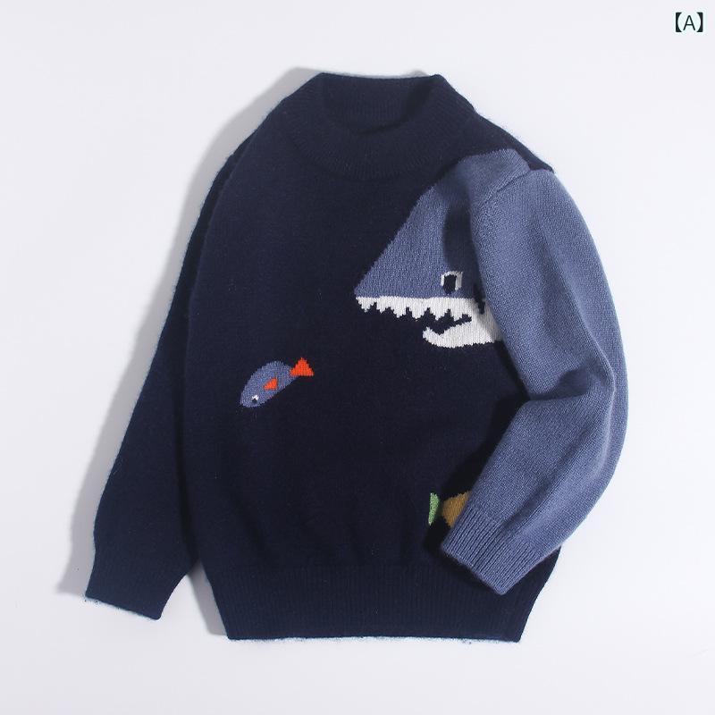 ニット キッズ ベビー 子供 長袖 セーター 丸首 カシミヤ調 厚手 暖かい トップス プルオーバー 通園 通学 カジュアル 秋冬 かわいい シャーク キャラクター|naruki