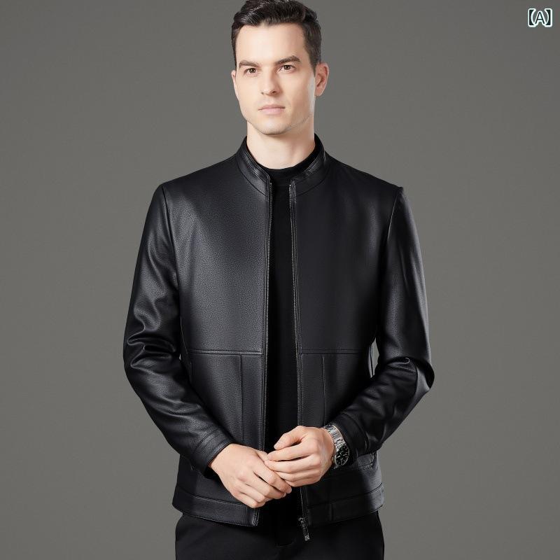 レザージャケット メンズ 秋冬 羊革 ライダースジャケット 立ち襟 ビジネス カジュアル 紳士 アウター 防寒 防風 暖かい 無地 ジップアップ|naruki