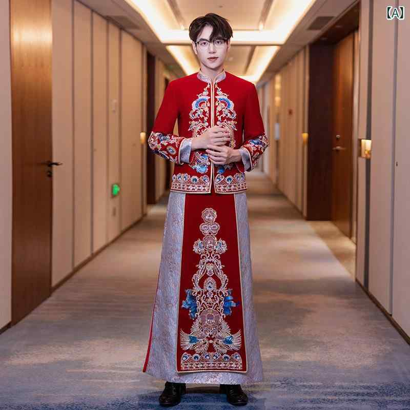 唐装 メンズ 新郎 結婚式 秀禾服 披露宴 中式 礼服 ベルベット 長袖 チャイナ風 刺しゅう 龍鳳 華やか ゆったり 紳士服 秋冬 四季|naruki