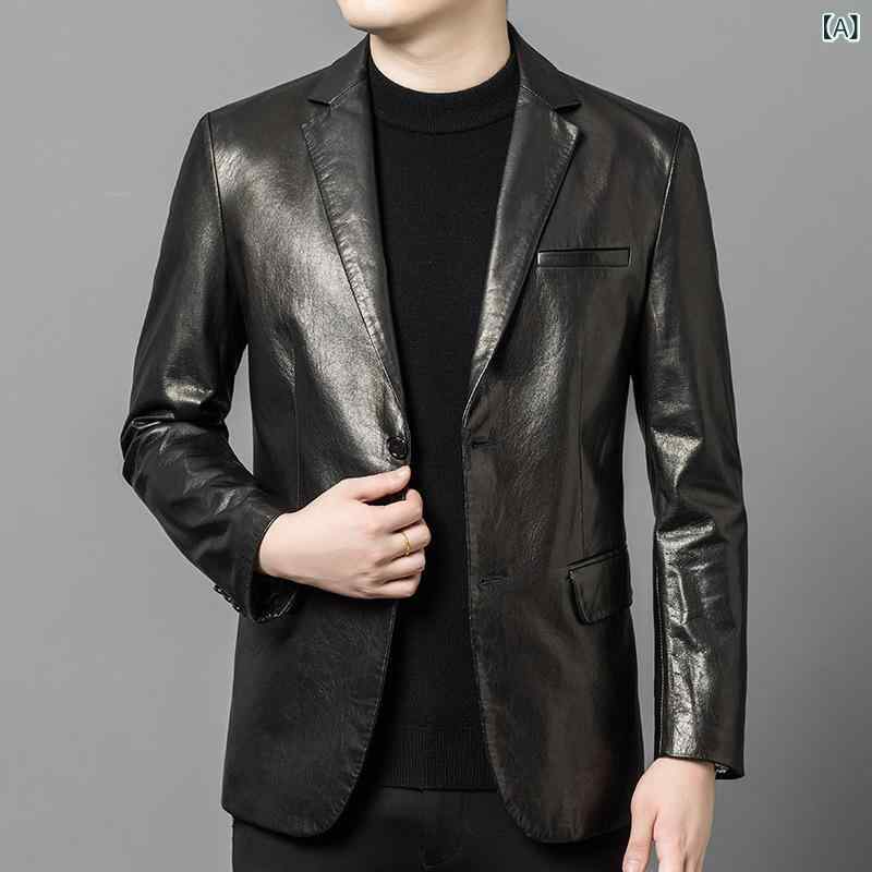 レザージャケット メンズ 春秋冬 PUレザー シングル テーラードジャケット アウター ビジネス カジュアル 紳士服 無地 軽量 撥水 防風 ブラック|naruki