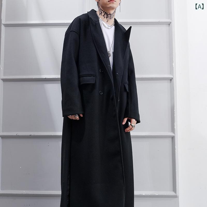 コート メンズ ロングコート チェスターコート ロング丈 オーバーサイズ 膝下 ダブルブレスト 防寒 アウター おしゃれ 個性的 舞台 ステージ 衣装 ダンス イベント 無地 カジュアル フォーマル 普段着 秋冬 ブラック｜naruki