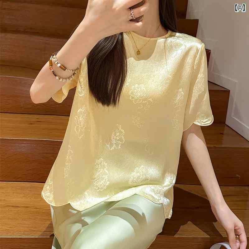 Tシャツ レディース 春夏 半袖 アセテート繊維 アセテート ジャガード 花柄 ウェーブヘム ラウンドネック ゆるシルエット カジュアル レトロ エレガント トップス イエロー｜naruki