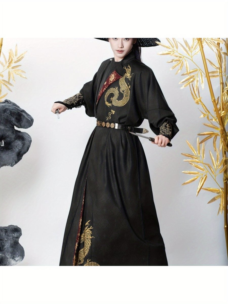 Men's New Original Hanfu Men's Tang Dynasty Style Round Neck Robe Youthful Cross Robe Everyday Student Ancient Style Knight Costume Set 4-Piece Set (Round Neck Robe + Medium Sleeve Coat + Hand Guards +Belts) Historical costumes, traditional clothing, vintage aesthetics, lightweight robes, breathable fabrics, ancient clothing, student wear,