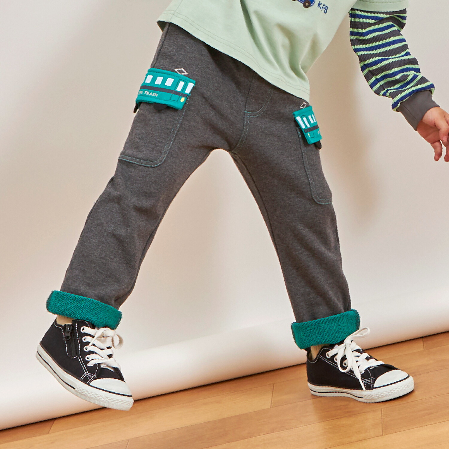 ちびこ 楽天市場】(KP)電車刺しゅうのストライプ7分丈パンツ(80～90