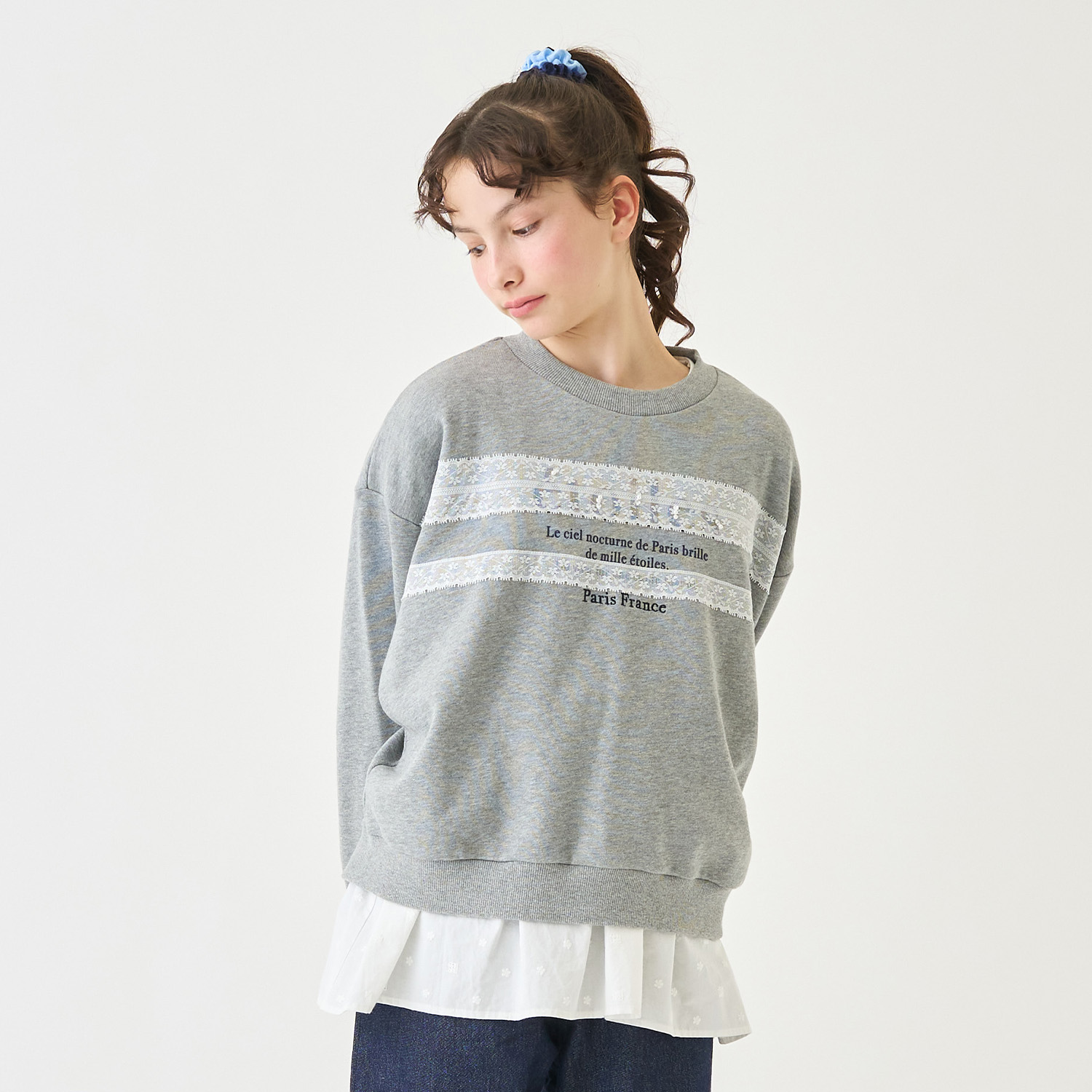 ポンポネットジュニア(pom ponette junior) レース裏毛プルオーバー×ペプラムTシャツ
