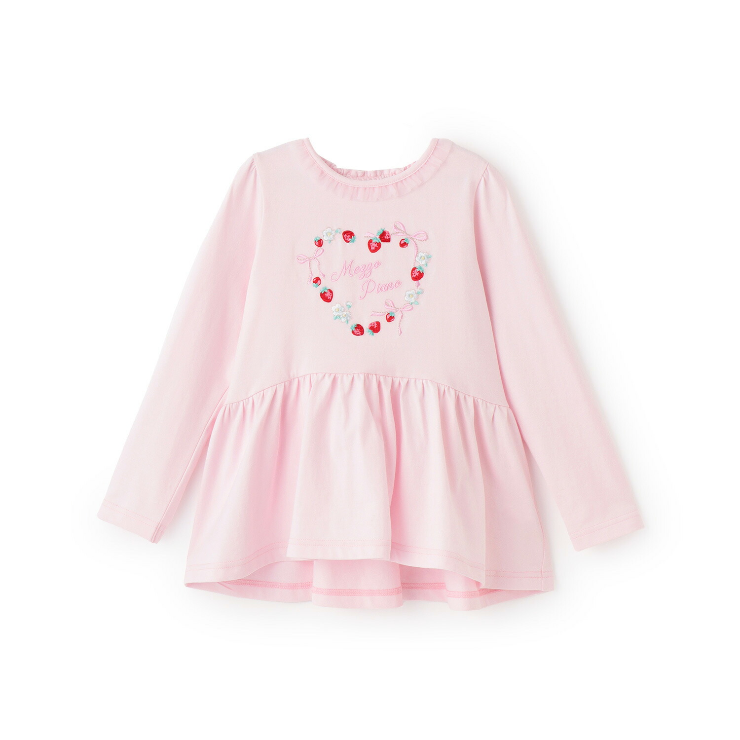 メゾピアノ(mezzo piano) イチゴ刺しゅう　ペプラム長袖Tシャツ