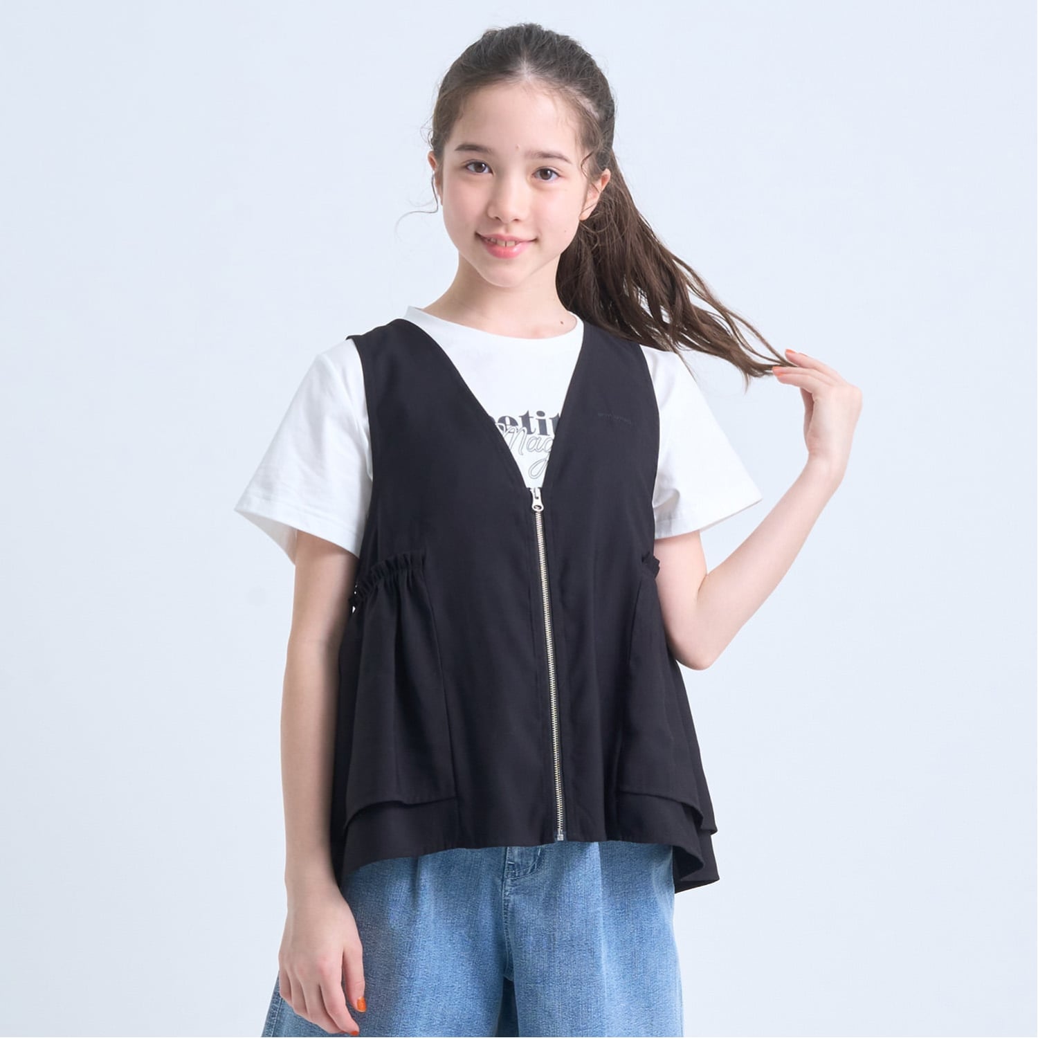 ポンポネットジュニア(pom ponette junior)ペプラムジレ×肌付きプルオーバー
