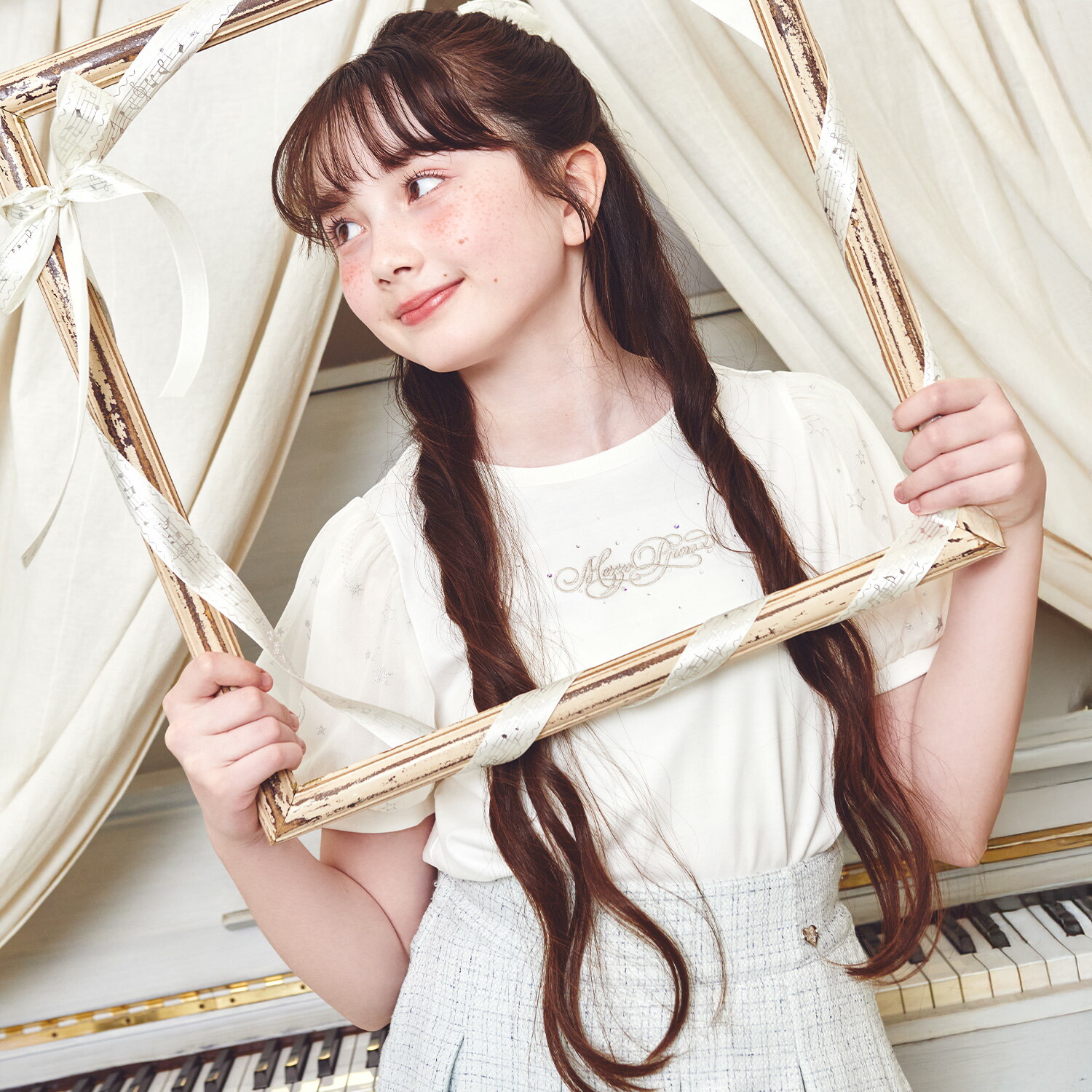 メゾピアノジュニア(mezzo piano junior)【当たること冷感】袖パフチュールプルオーバー♪