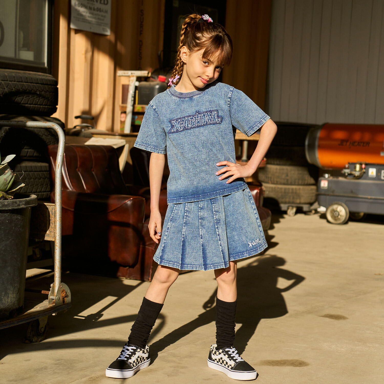エックスガール　ステージス(X-girl Stages) ピグメント加工Tシャツ+プリーツスカートセット