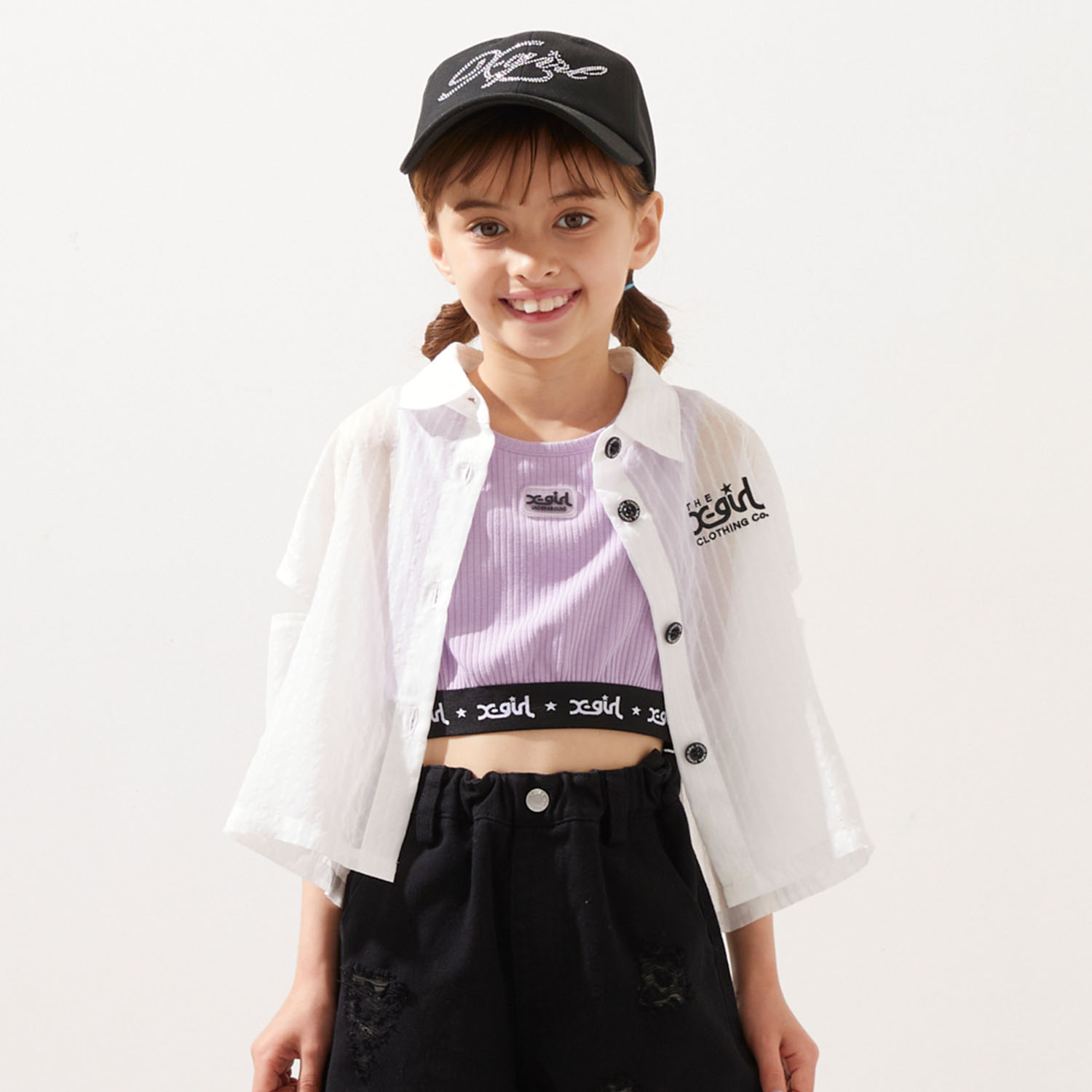 エックスお嬢さん ステージス(X-girl Stages)肩あきシアーシャツ+テレコショートタンク 書き割り