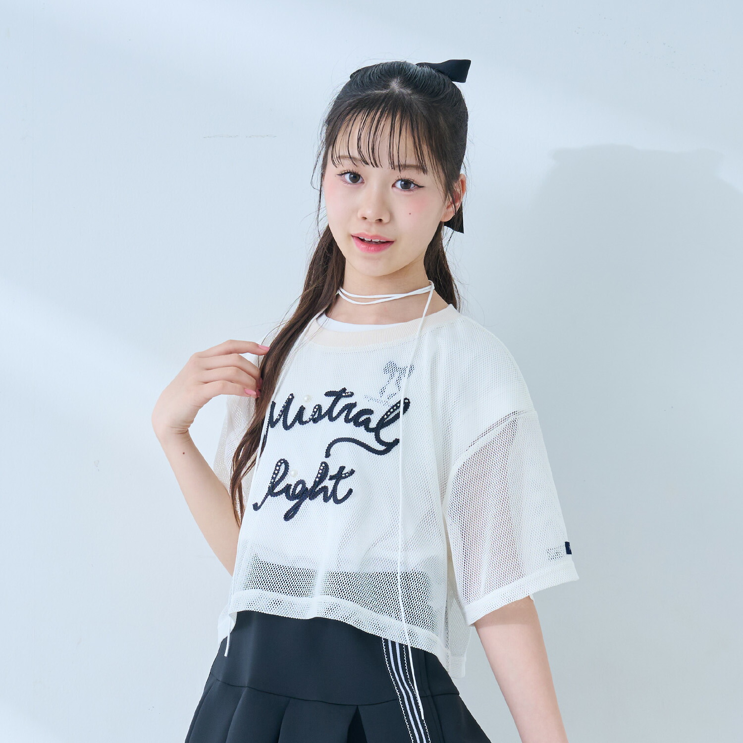 メゾピアノジュニア(mezzo piano junior)吊りひも縫いメッシュティーシャツ×【人付き合い冷感】ティーシャツ書き割り