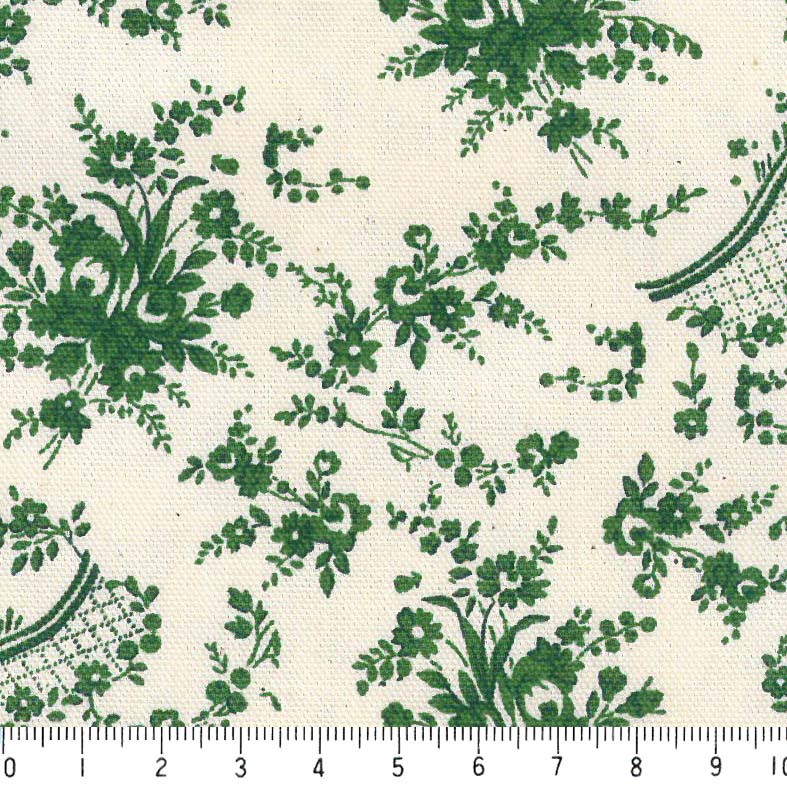 花柄 生地 おしゃれ オックス生地 5419 40 グリーン バラとレース柄 緑 10cm単位 やや厚手 生成りオックス生地 綿100 110cm布 フランス生地の復刻 手芸 ハンドメイド カルトナージュ 小物 女の子 激安 激安特価 送料無料