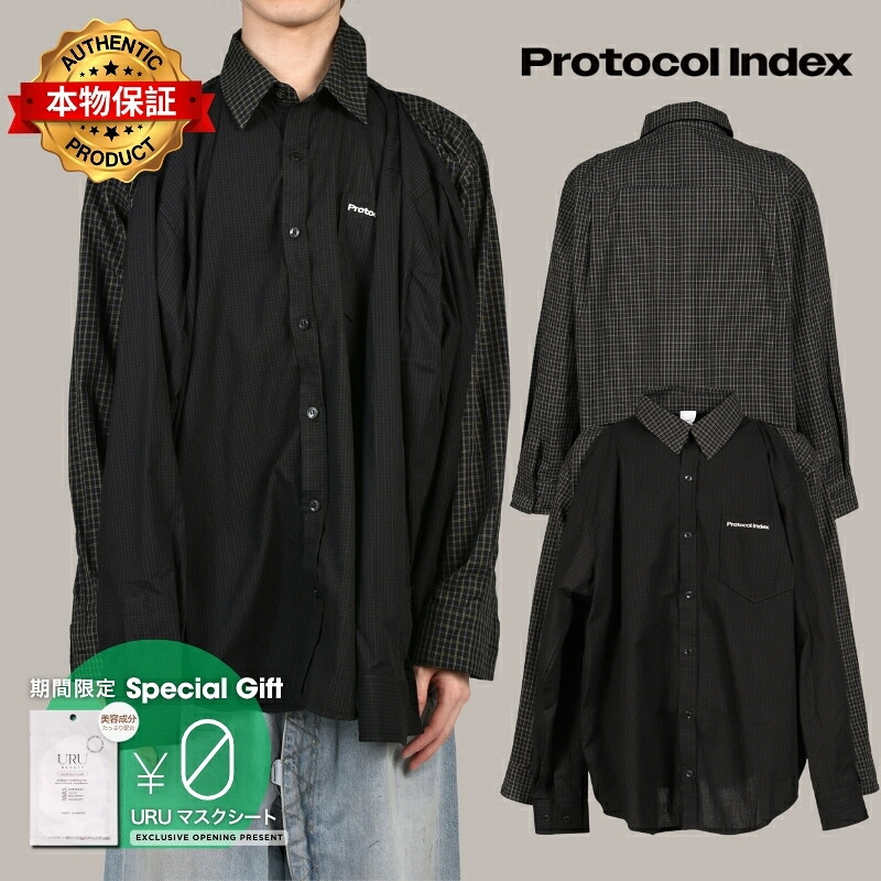 Protocol Index プロトコル インデックス 【本物保証】 Tシャツ、ストリートスタイル、メンズ FOUR HANDS CHECK SHIRTS / BLK|nate shop