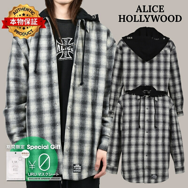 ALICE HOLLYWOOD アリス・ハリウッド【本物保証】 パーカー, ストリート系 メンズ OVERSIZE HOODED FLANNEL SHIRT / O.WHT|nate shop