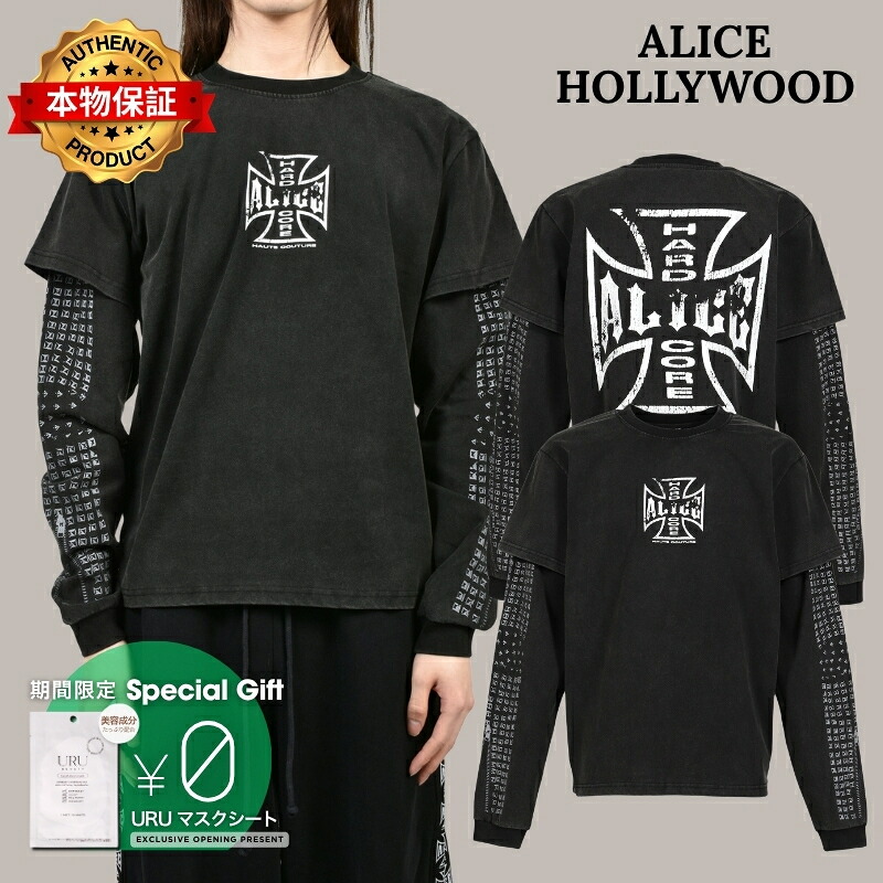ALICE HOLLYWOOD アリス・ハリウッド 【本物保証】 Tシャツ ストリート系 メンズ MOTO COUTURE LAYERED LS T-SHIRT (EXCLUSIVE) / BLK｜nate shop