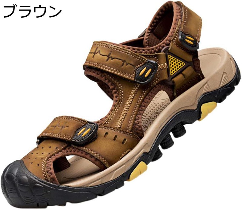スポーツサンダル レザー メンズ つま先保護 アウトドアサンダル 夏用 夏靴 本革 メンズ 革靴 厚底 マジックテープ 登山サンダル 外履き 軽量 クライミング キャンプ 滑り止め ウォーキング カジュアル デイリー