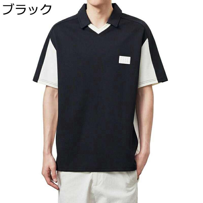 メンズポロシャツ tシャツ Vネック メンズ 半袖ポロシャツ パッチワーク 大きいサイズ サマー 襟付き オープンカラー ゴルフシャツ カジュアル スポーツ テニスシャツ 吸汗 ビッグシルエット 薄い コンフォート