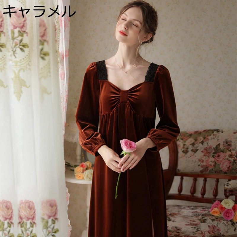 厚手 ワンピースパジャマ ベロア ネグリジェ ベルベット レース バブルスリーブ スリット ナイトドレス ロングワンピース 秋冬 長袖 エレガント ナイトガウン 寝巻き ルームドレス 光沢感 滑らか 保温 ふわもこ