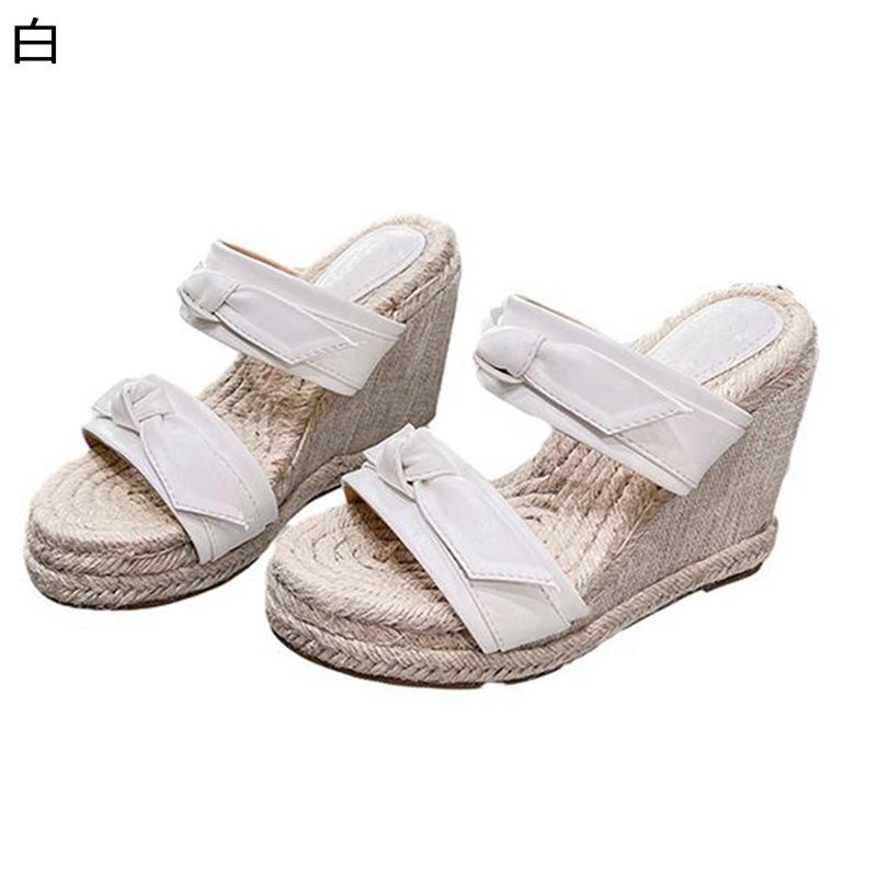 ウェッジミュール レディース ジュートサンダル 外履きスリッパ 厚底 ファッションサンダル ダブルストライプ 美脚効果 蝶結び飾り フェミニン すべり止め 普段履き 日常 履きやすい トレンド