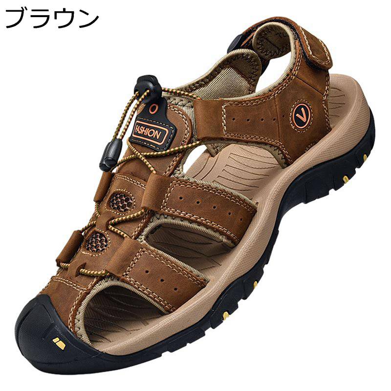 トレッキングサンダル レザー メンズ 登山サンダル サンダル 本革 男性用 つま先保護 透かし彫り ベランダ マジックテープ 夏靴 素足可 アウトドアサンダル 戸外 海 河 川 旅行 シンプル 屈曲