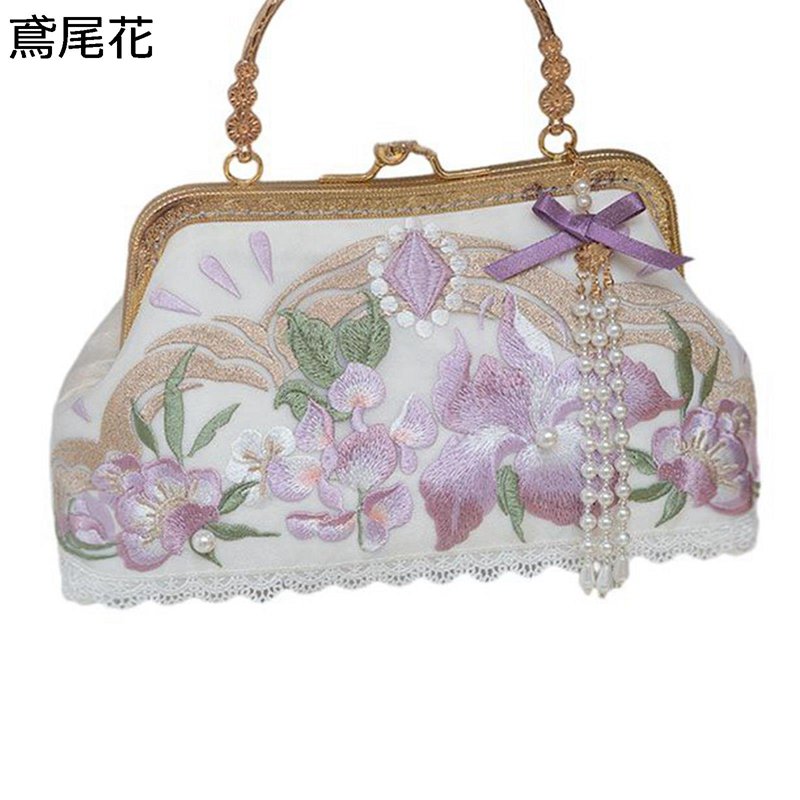 寄りあい御徒面子 レディース クラッチペダル御徒面子 花ショウブ花 兎 藤の花 花柄刺しゅう 銭入れ パールチェイン 真珠フリンジ 大きめ 手持ち御徒面子 愛くるしげ 連環付 肩部 曲がった掛け御徒面子 長札入れ ご造作 御芽出度
